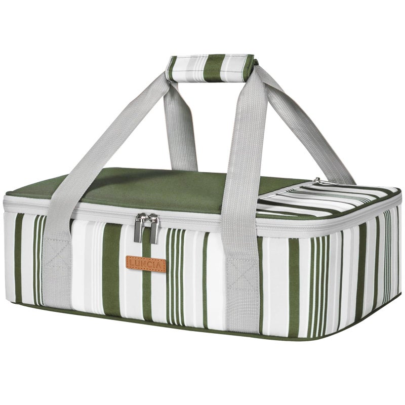LUNCIA Insulated Casserole Carrier for Hot or Cold Food, Lasagna Lugger Tote for Potluck Parties/Picnic/Cookouts, Fits 9""  13"" Baking Dish, Dark Green - Image 1